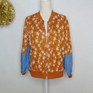 Gigio Women's Cotton Star Patterned Denim Contrast Sleeve Bomber Jacket Size S